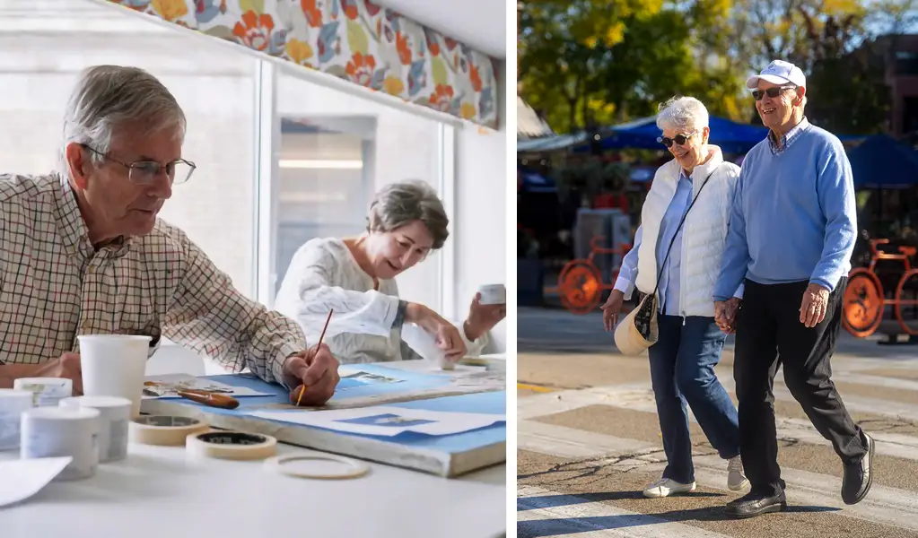 Two senior paining and two seniors walking in town