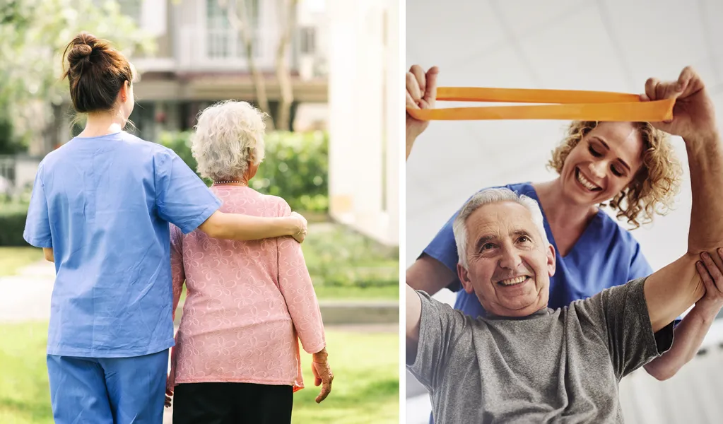 senior rehab and senior walking with caregiver